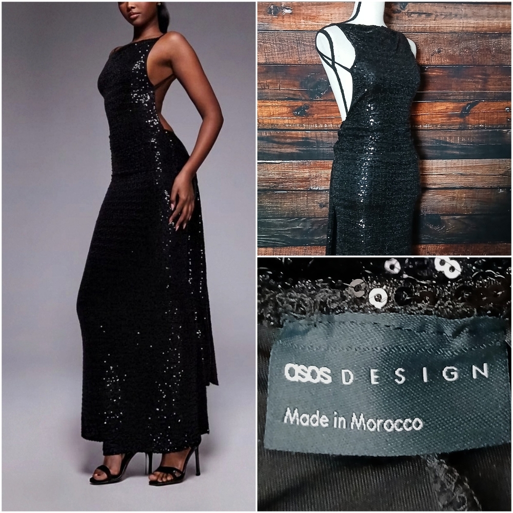 NWT ASOS Design Dress 2 Black Sequin Backless Sash Detail Maxi Open Back